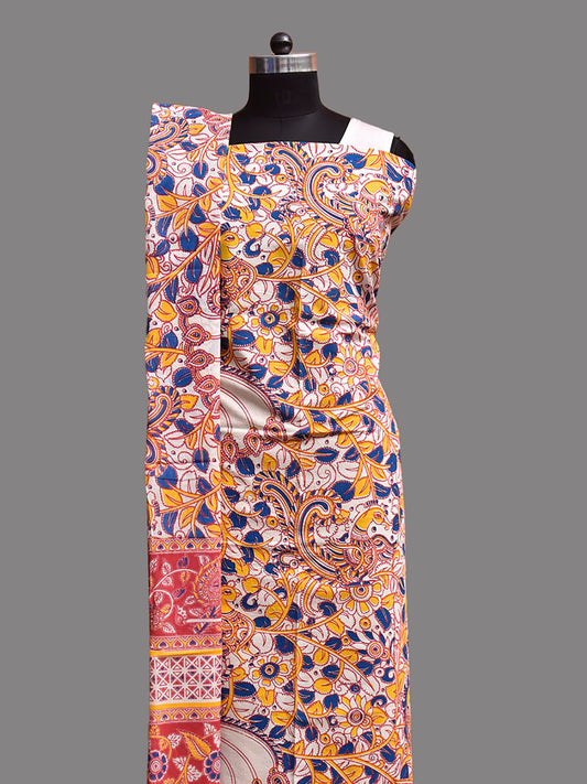 White and Orange Printed Cotton Dress Material with Top Bottom and Dupatta dm0101