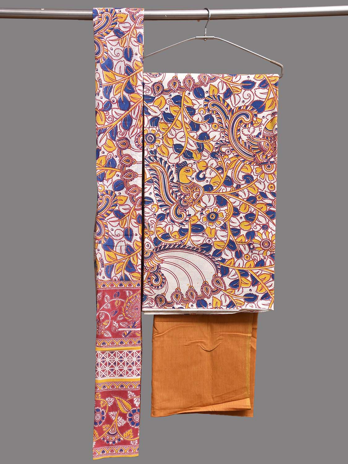 White and Orange Printed Cotton Dress Material with Top Bottom and Dupatta dm0101