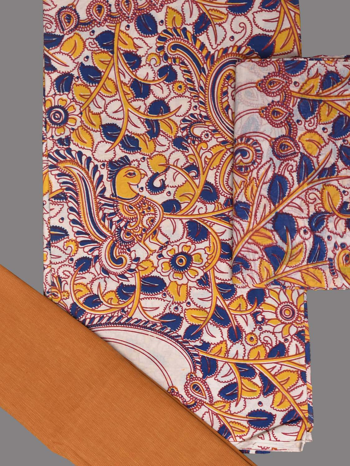 White and Orange Printed Cotton Dress Material with Top Bottom and Dupatta dm0101