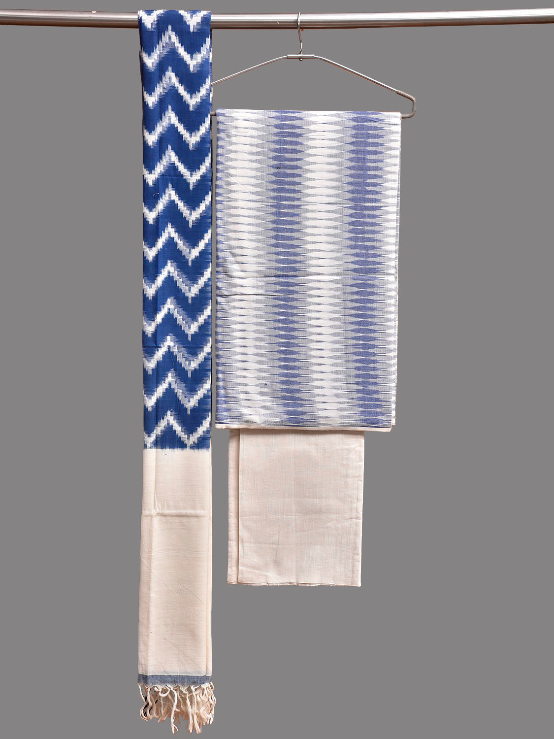 Blue and White Pochampally Ikat Cotton Handloom Dress Material with Top Khadi Bottom and Dupatta dm0103