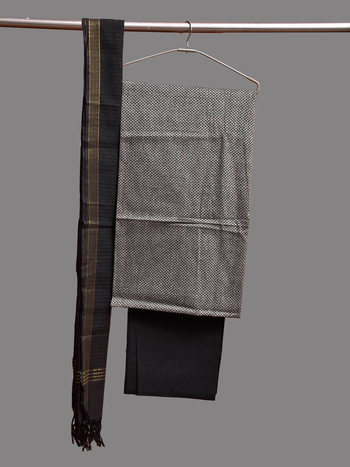 Grey and Black Mangalgiri Cotton Dress Material with Top Bottom and Strips Dupatta dm0104