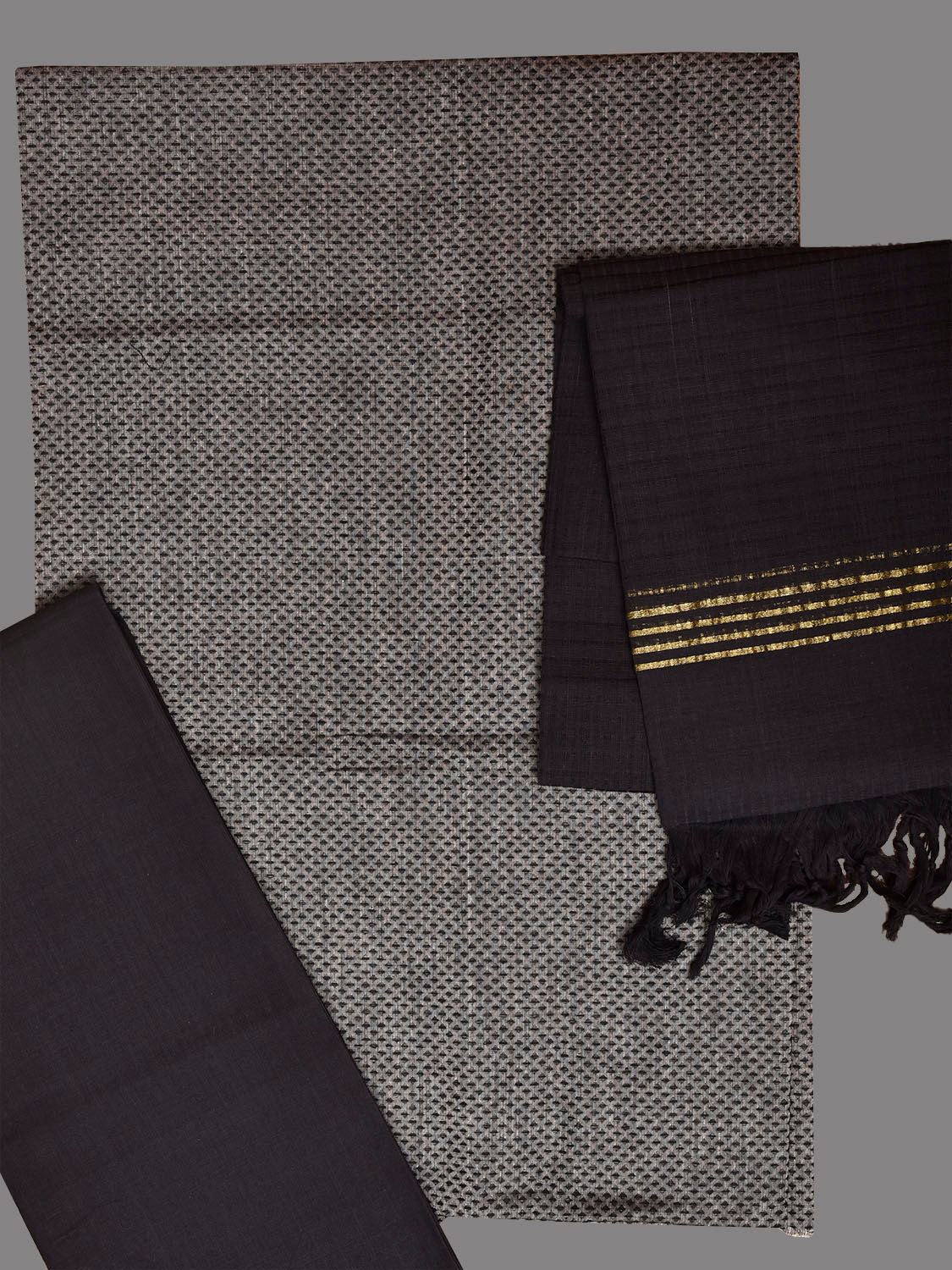 Grey and Black Mangalgiri Cotton Dress Material with Top Bottom and Strips Dupatta dm0104