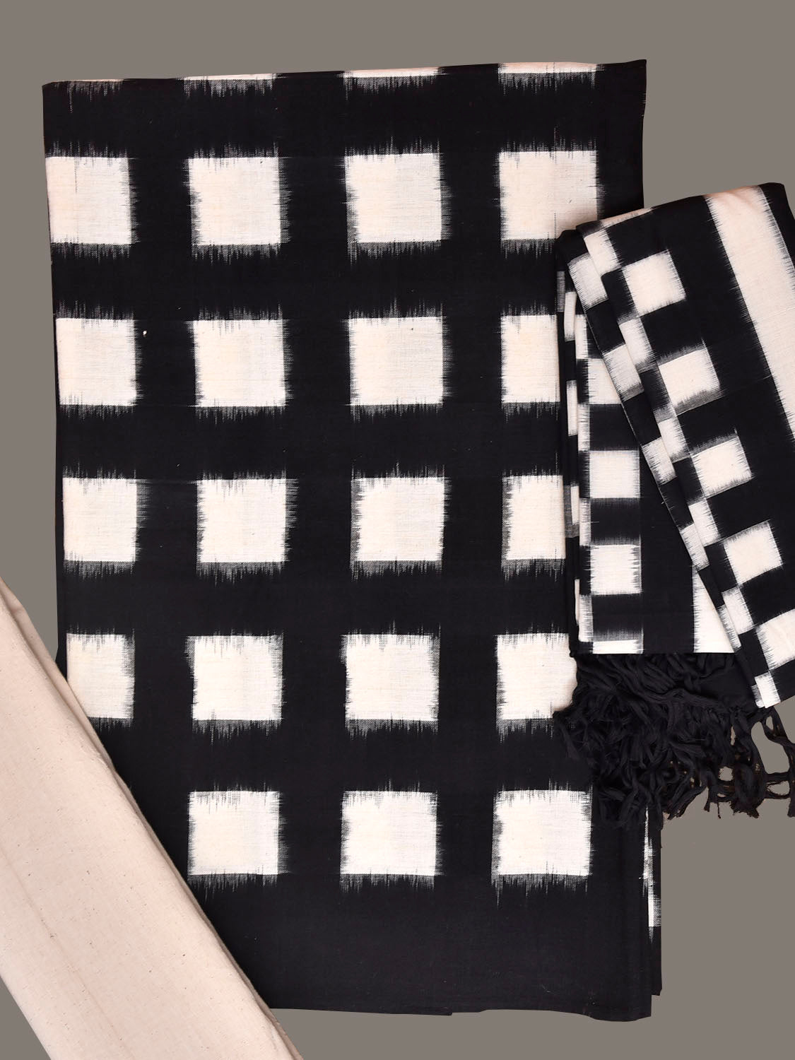 Black and White Pochampally Ikat Cotton Handloom Dress Material with Top Khadi Bottom and Dupatta dm0105
