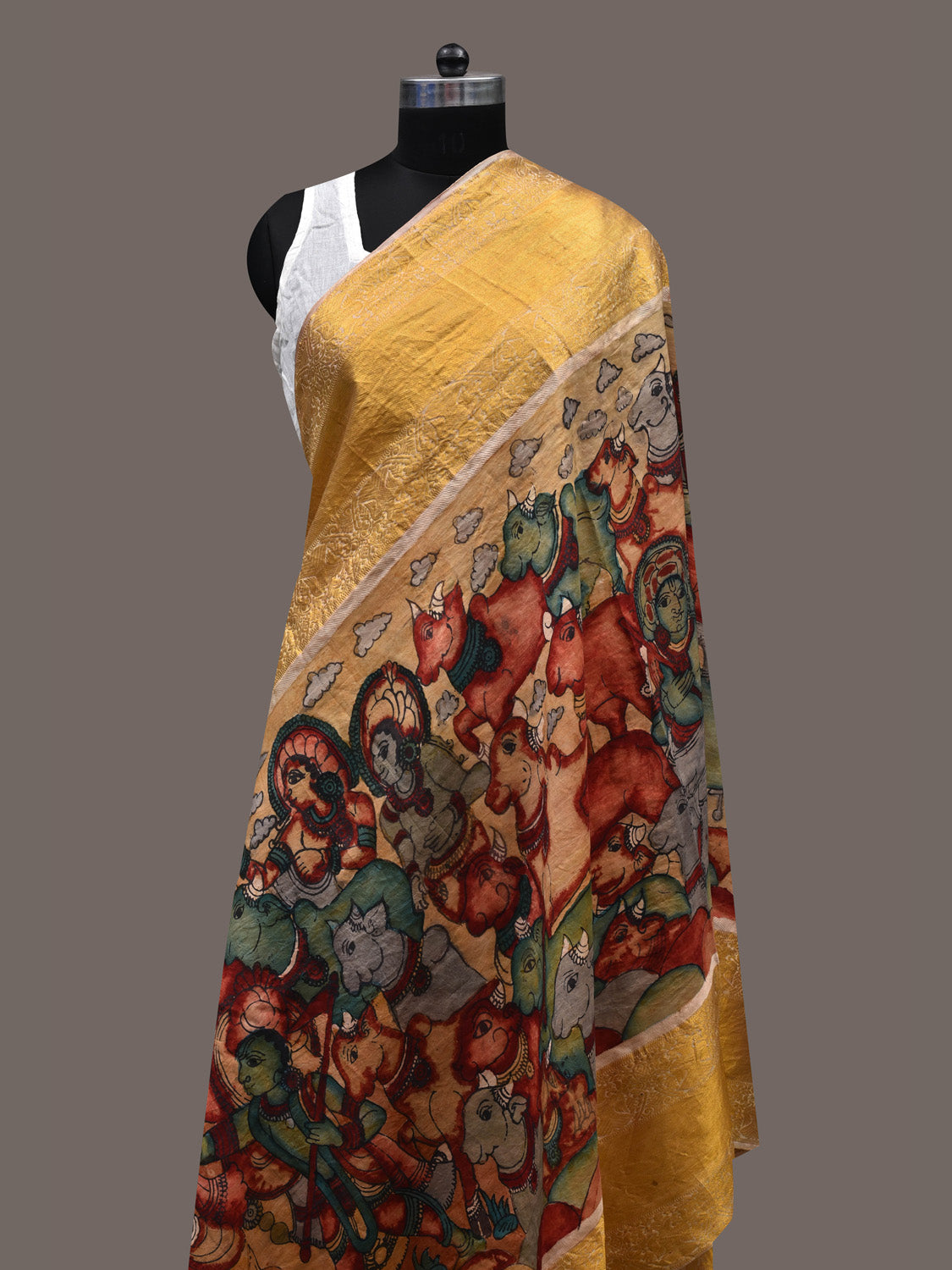 Multicolor Kalamkari Hand Painted Kanchipuram Silk Handloom Dupatta with Krishna Design ds2393