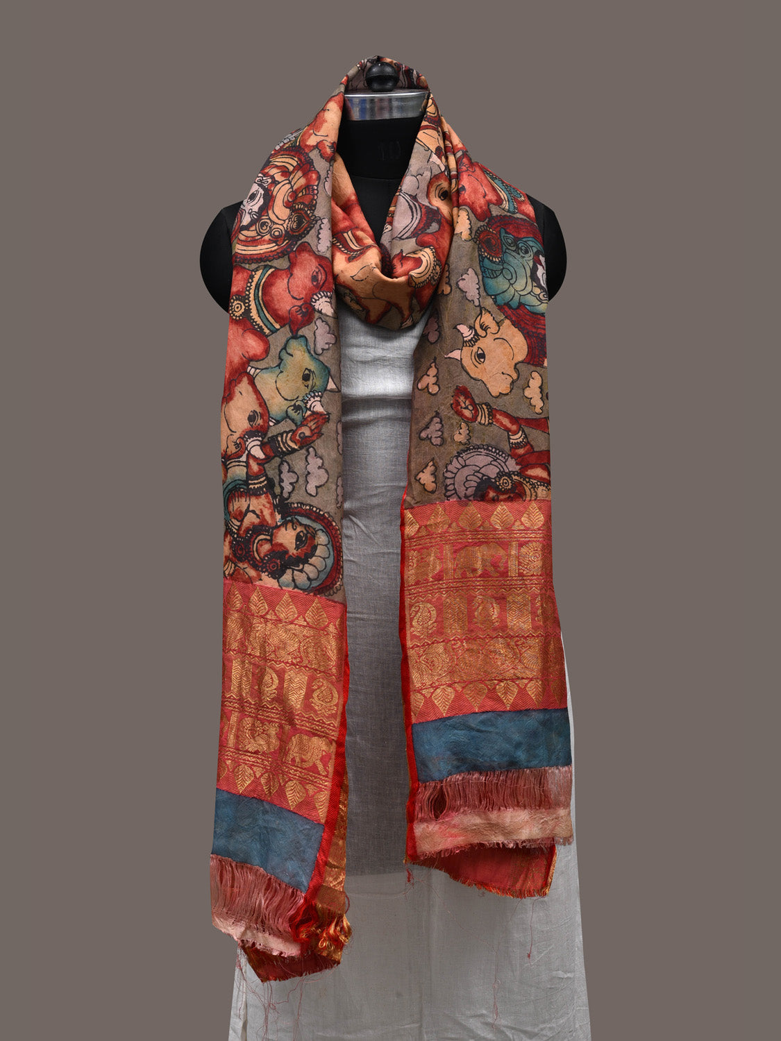 Multicolor Kalamkari Hand Painted Kanchipuram Silk Handloom Dupatta with Krishna Design ds2394