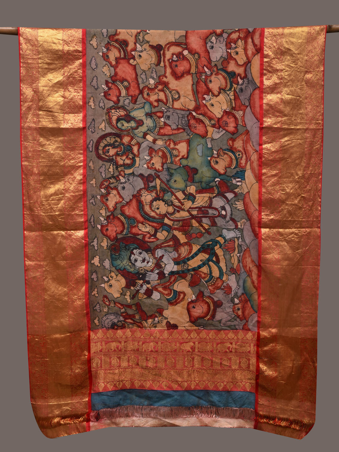 Multicolor Kalamkari Hand Painted Kanchipuram Silk Handloom Dupatta with Krishna Design ds2394