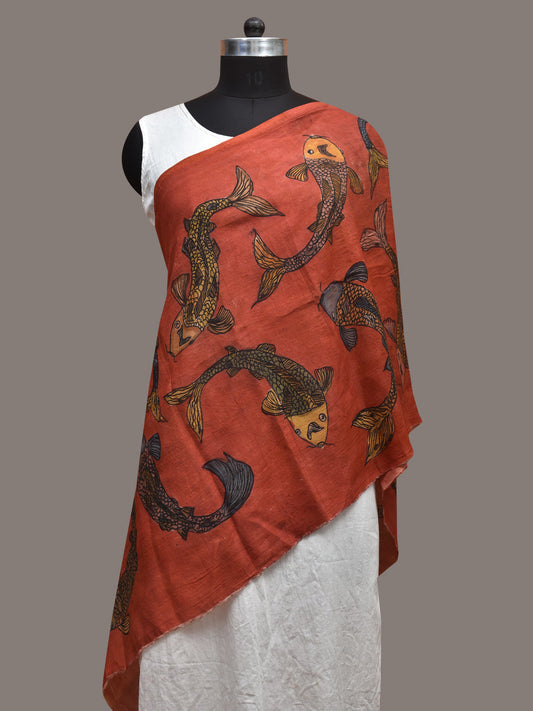 Red Kalamkari Hand Painted Sico Stole with Fishes Design ds3605