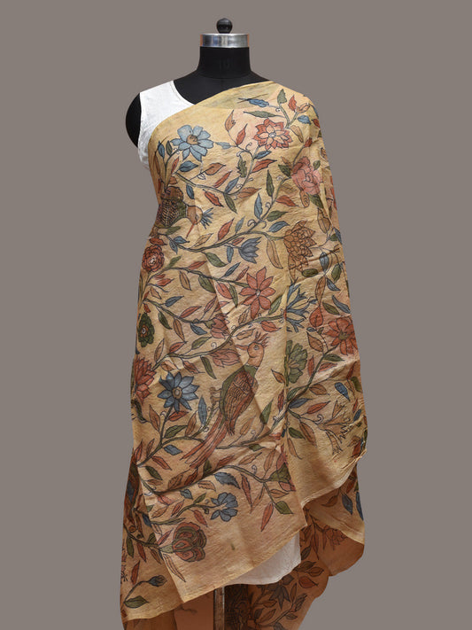 Light Yellow Kalamkari Hand Painted Tussar Handloom Dupatta with Tree of Life Design ds3606
