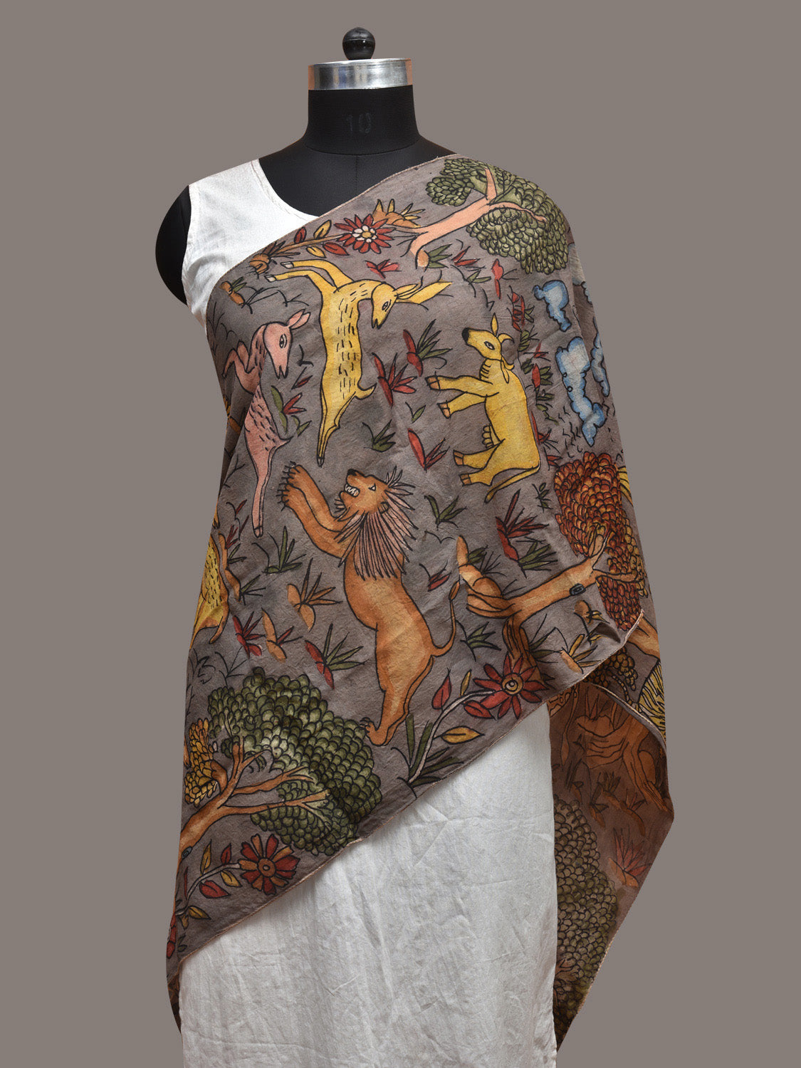Grey Kalamkari Hand Painted Sico Stole with Animals Design ds3607