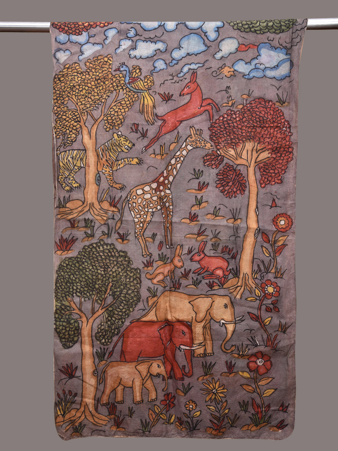 Grey Kalamkari Hand Painted Sico Stole with Animals Design ds3607