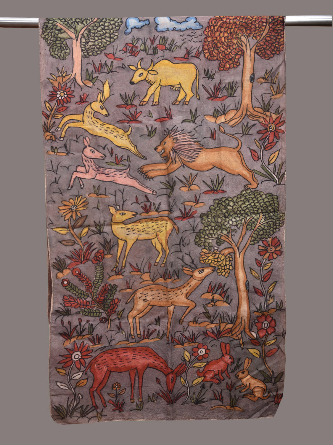 Grey Kalamkari Hand Painted Sico Stole with Animals Design ds3607