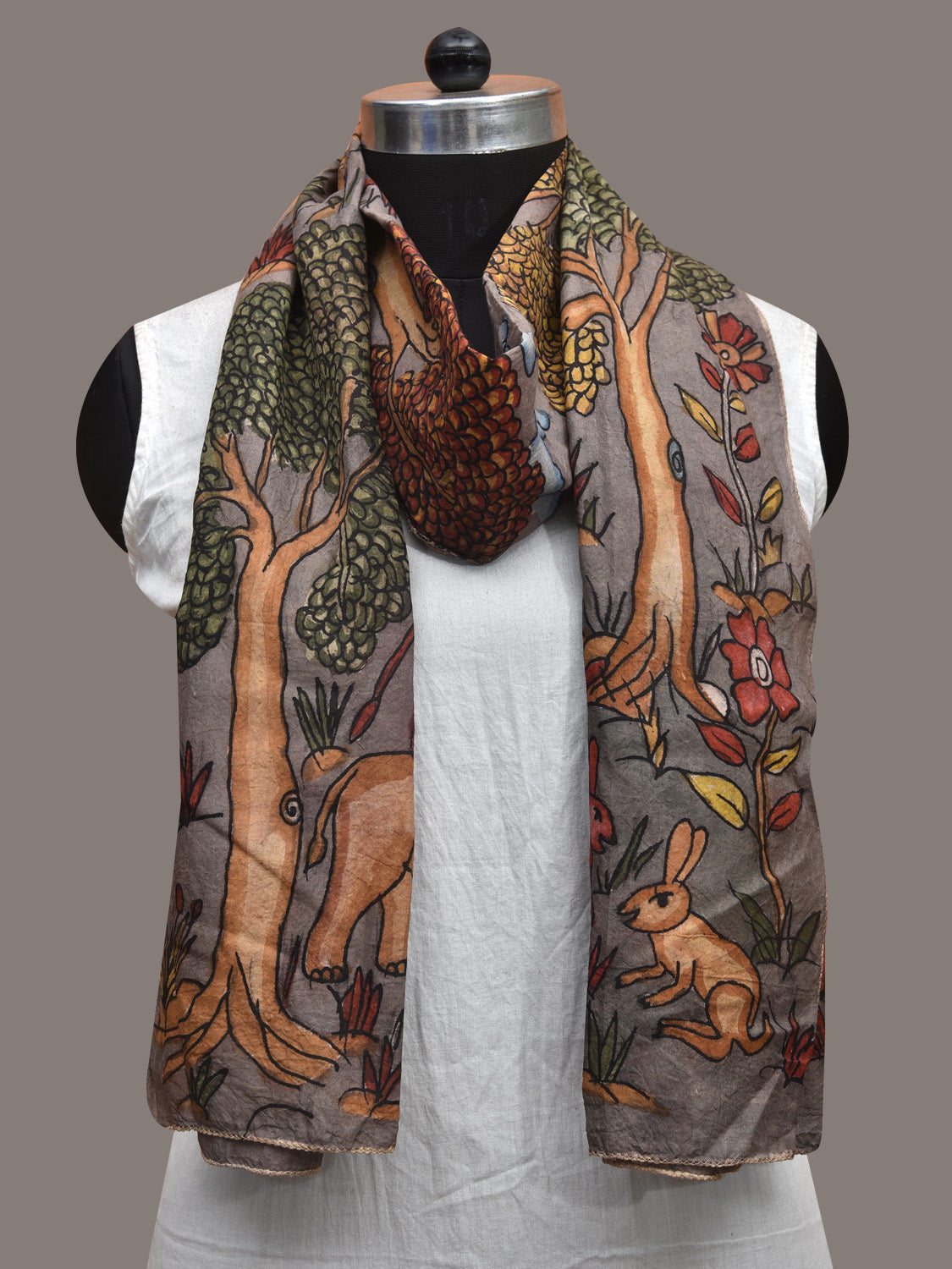 Grey Kalamkari Hand Painted Sico Stole with Animals Design ds3607