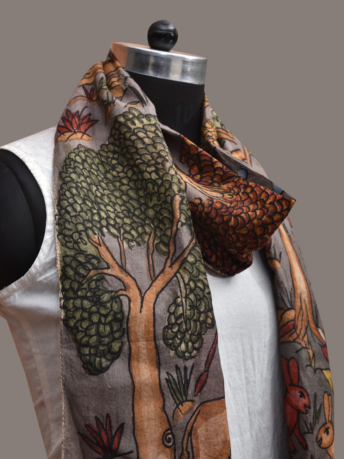 Grey Kalamkari Hand Painted Sico Stole with Animals Design ds3607