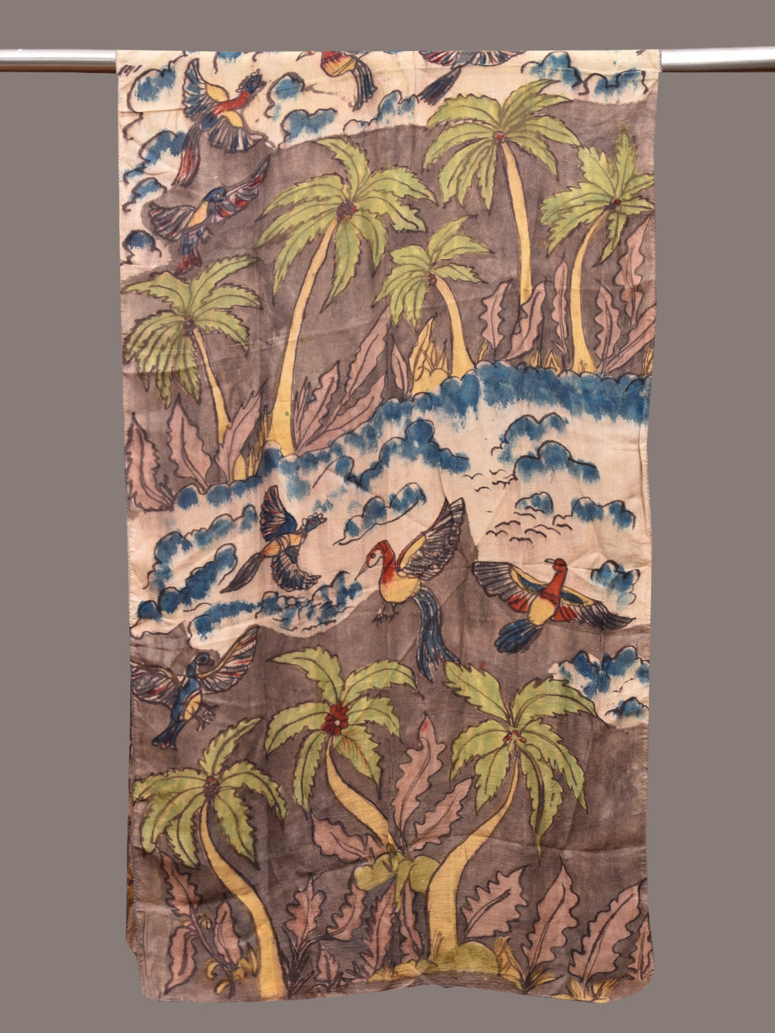 Grey and Cream Kalamkari Hand Painted Sico Stole with Birds and Trees Design ds3616