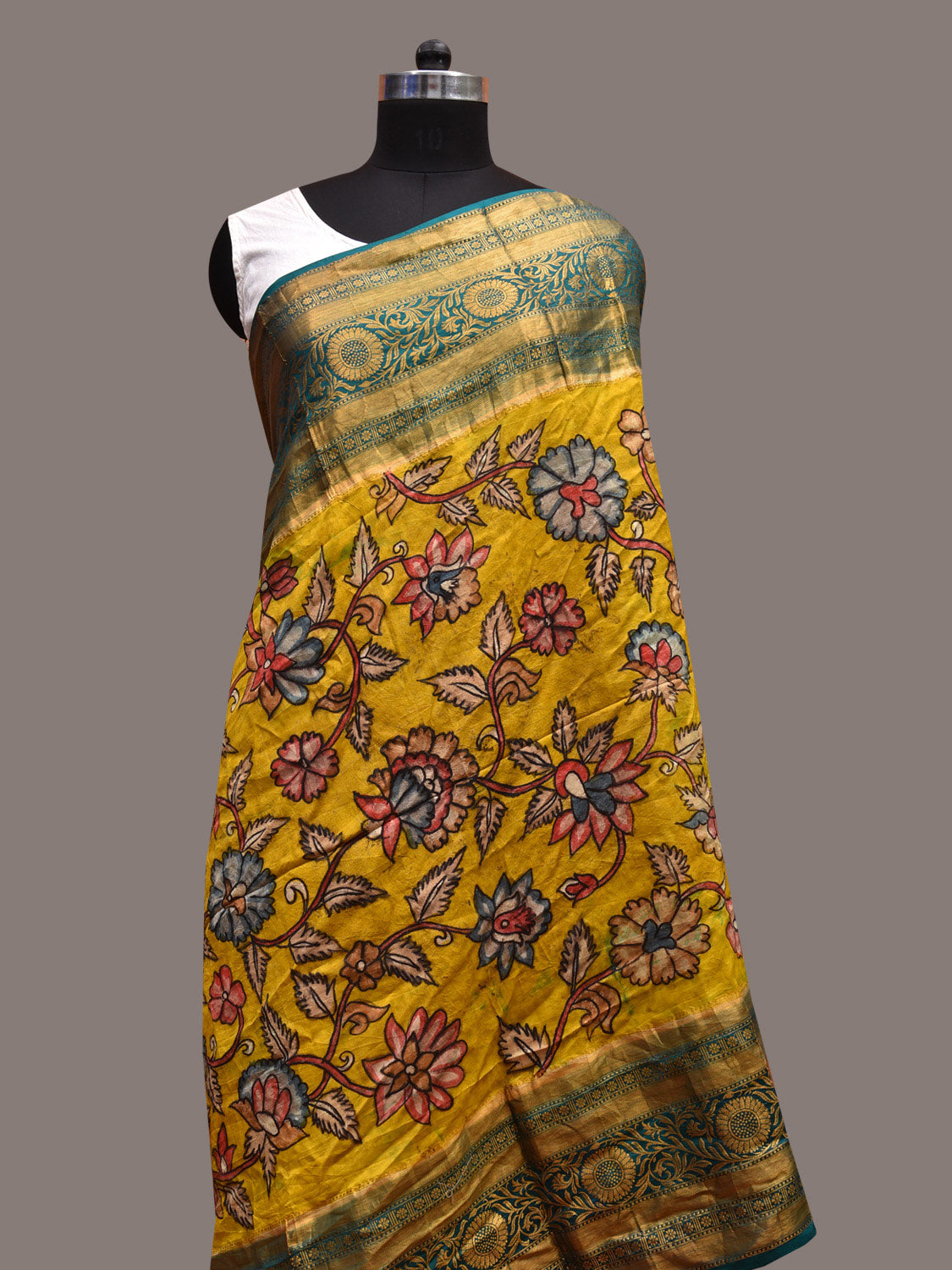 Yellow and Pink Bandhani Kalamkari Hand Painted Kanchipuram Silk Handloom Dupatta with Floral Design ds3631
