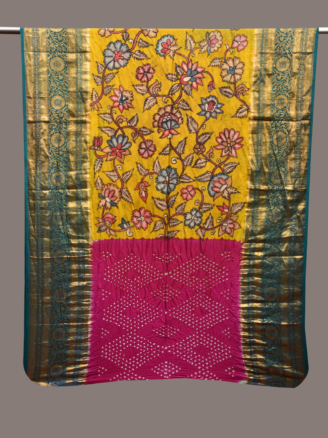 Yellow and Pink Bandhani Kalamkari Hand Painted Kanchipuram Silk Handloom Dupatta with Floral Design ds3631