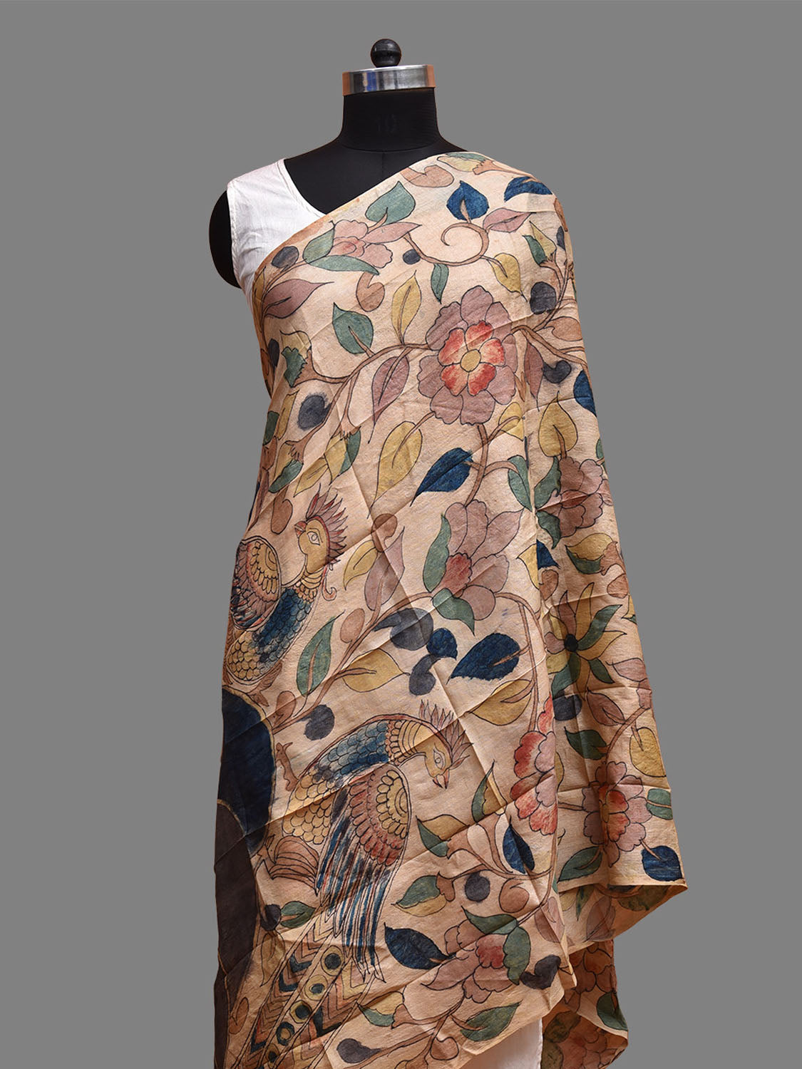 Cream Kalamkari Hand Painted Tussar Handloom Dupatta with Peacocks and Tree of Life Design ds3632
