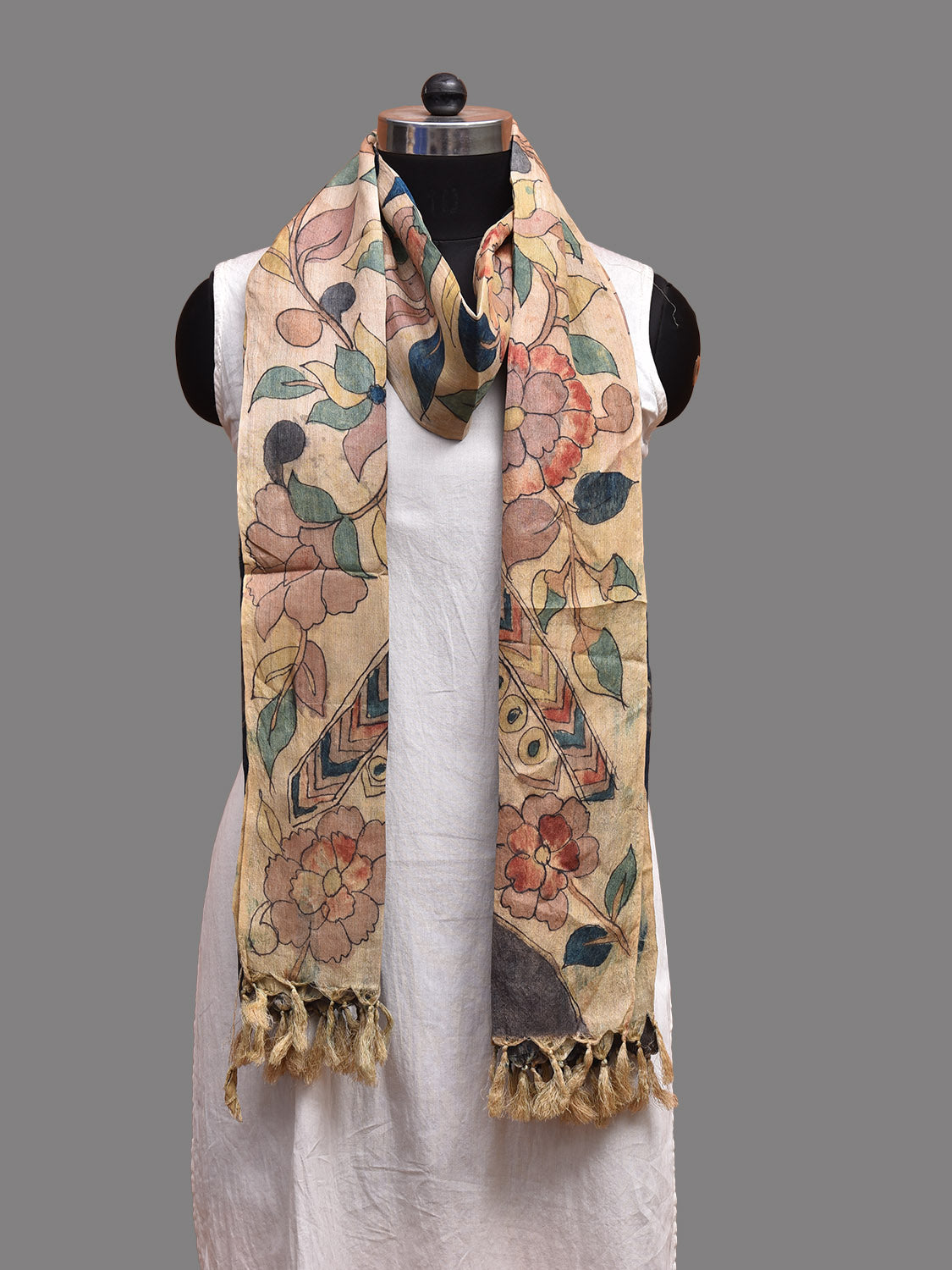 Cream Kalamkari Hand Painted Tussar Handloom Dupatta with Peacocks and Tree of Life Design ds3632