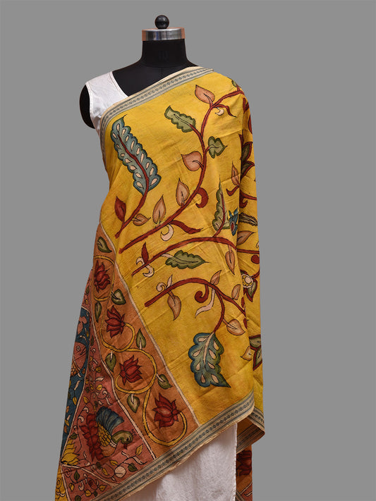 Yellow Kalamkari Hand Painted Cotton Handloom Dupatta with Floral and Animals Design ds3680