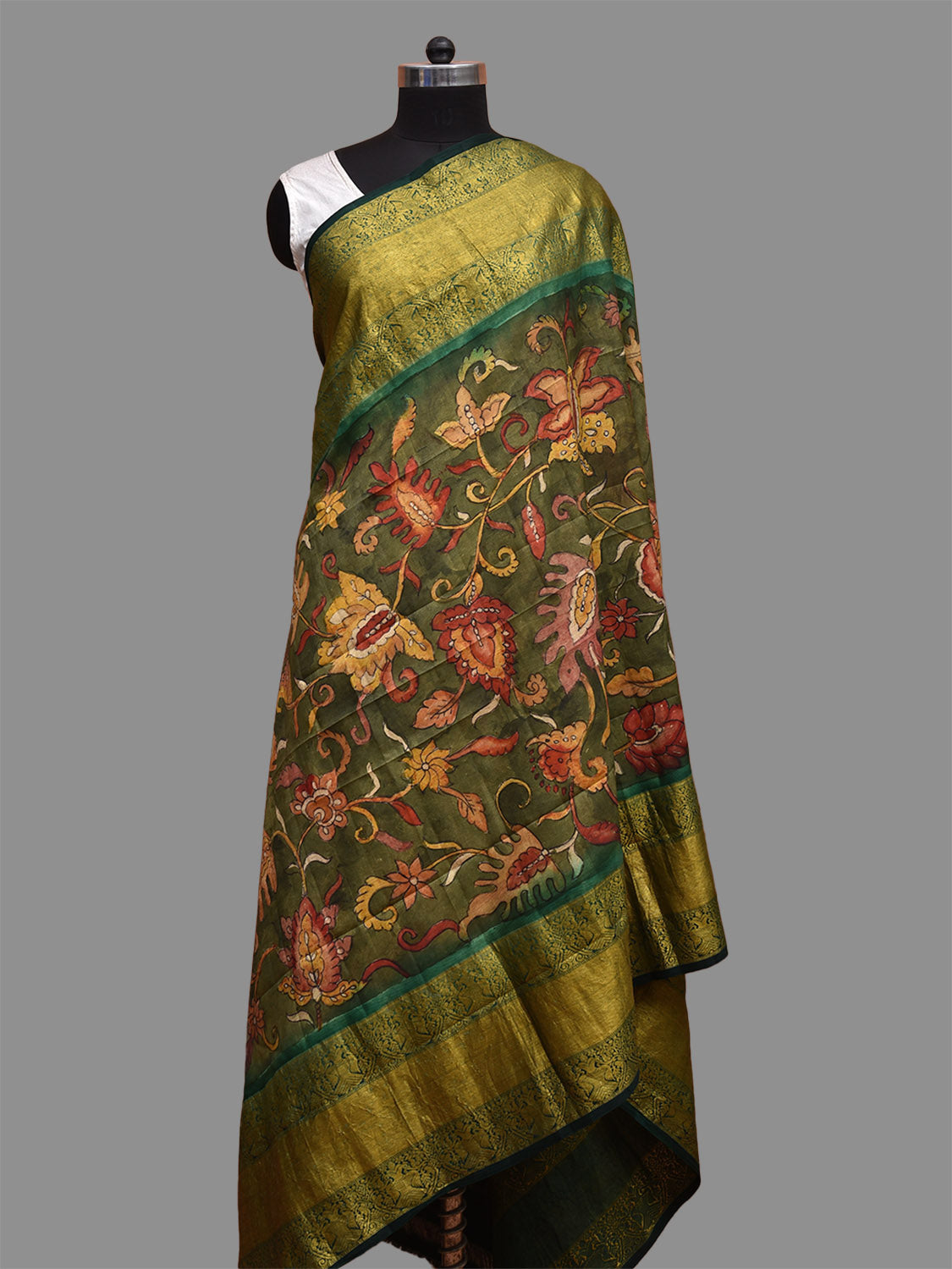 Green Kalamkari Hand Painted Kanchipuram Silk Handloom Dupatta with Floral Design ds3681