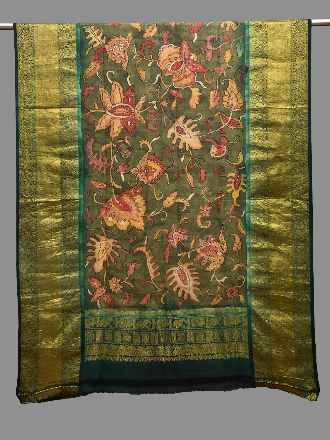 Green Kalamkari Hand Painted Kanchipuram Silk Handloom Dupatta with Floral Design ds3681