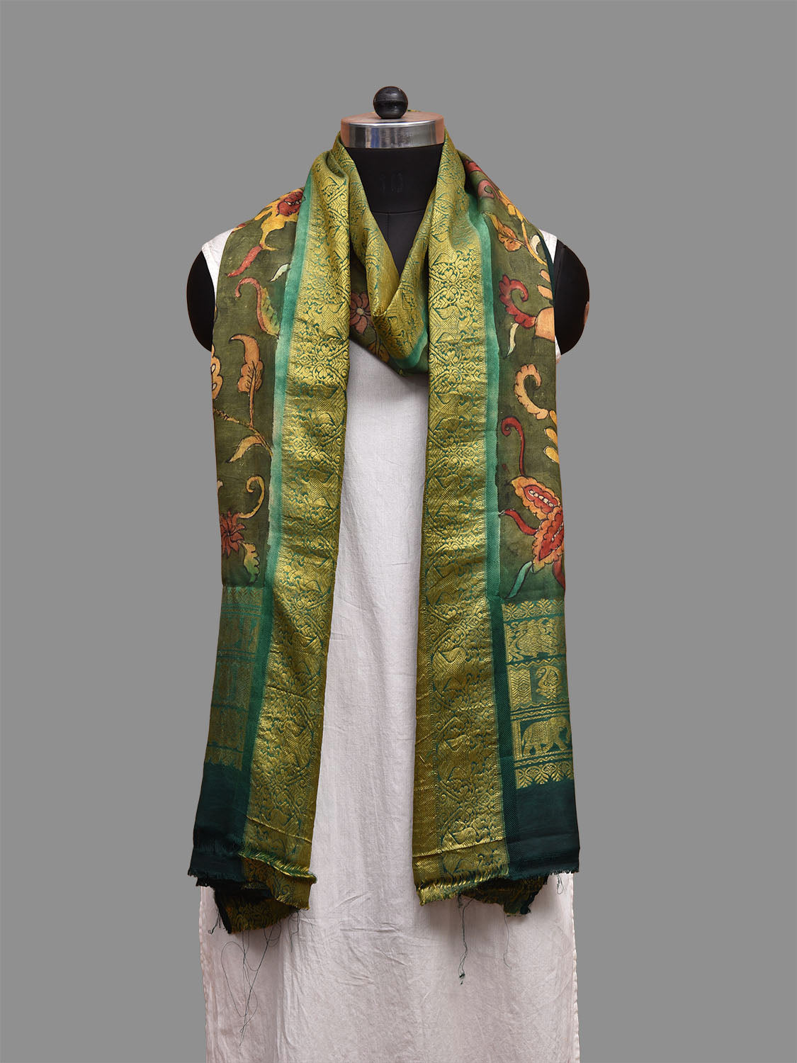 Green Kalamkari Hand Painted Kanchipuram Silk Handloom Dupatta with Floral Design ds3681