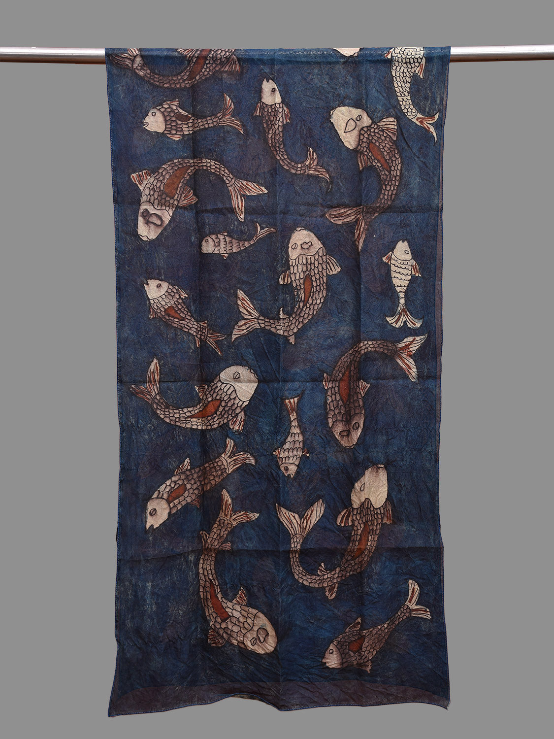 Dark Blue Kalamkari Hand Painted Tussar Handloom Stole with Fishes Design ds3683