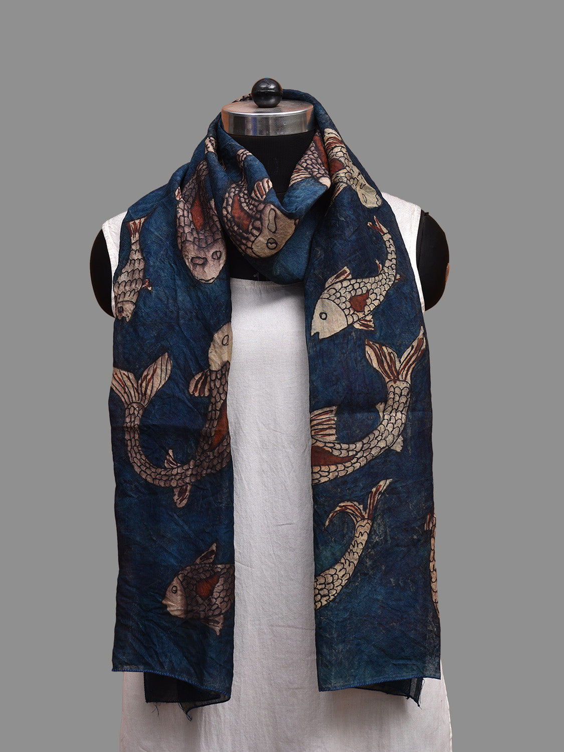 Dark Blue Kalamkari Hand Painted Tussar Handloom Stole with Fishes Design ds3683
