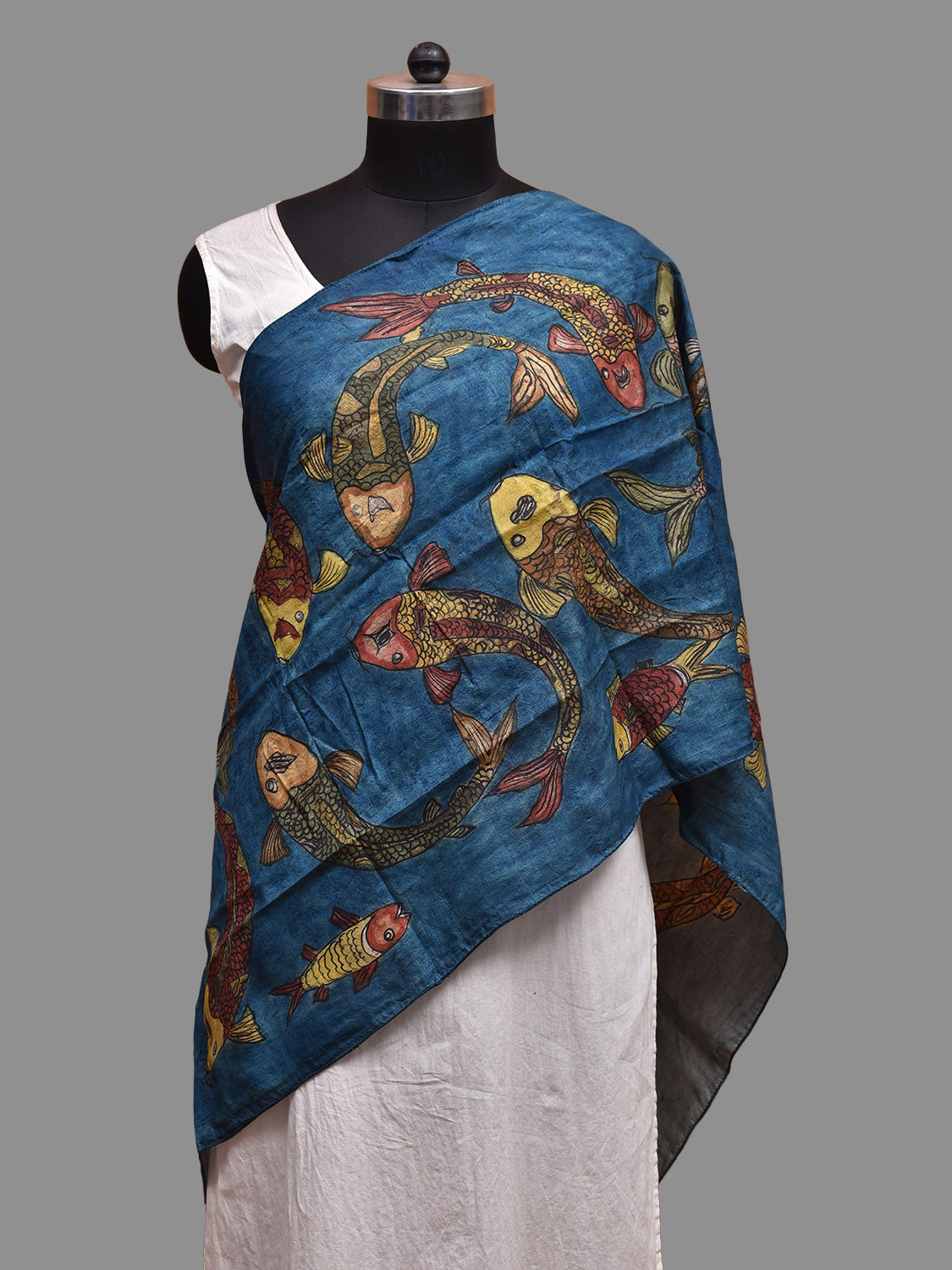 Blue Kalamkari Hand Painted Tussar Handloom Stole with Fishes Design ds3685