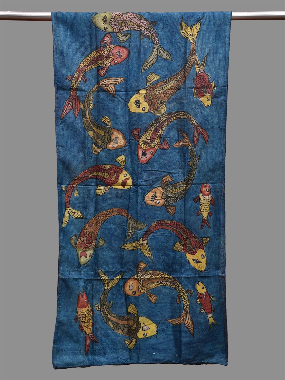 Blue Kalamkari Hand Painted Tussar Handloom Stole with Fishes Design ds3685