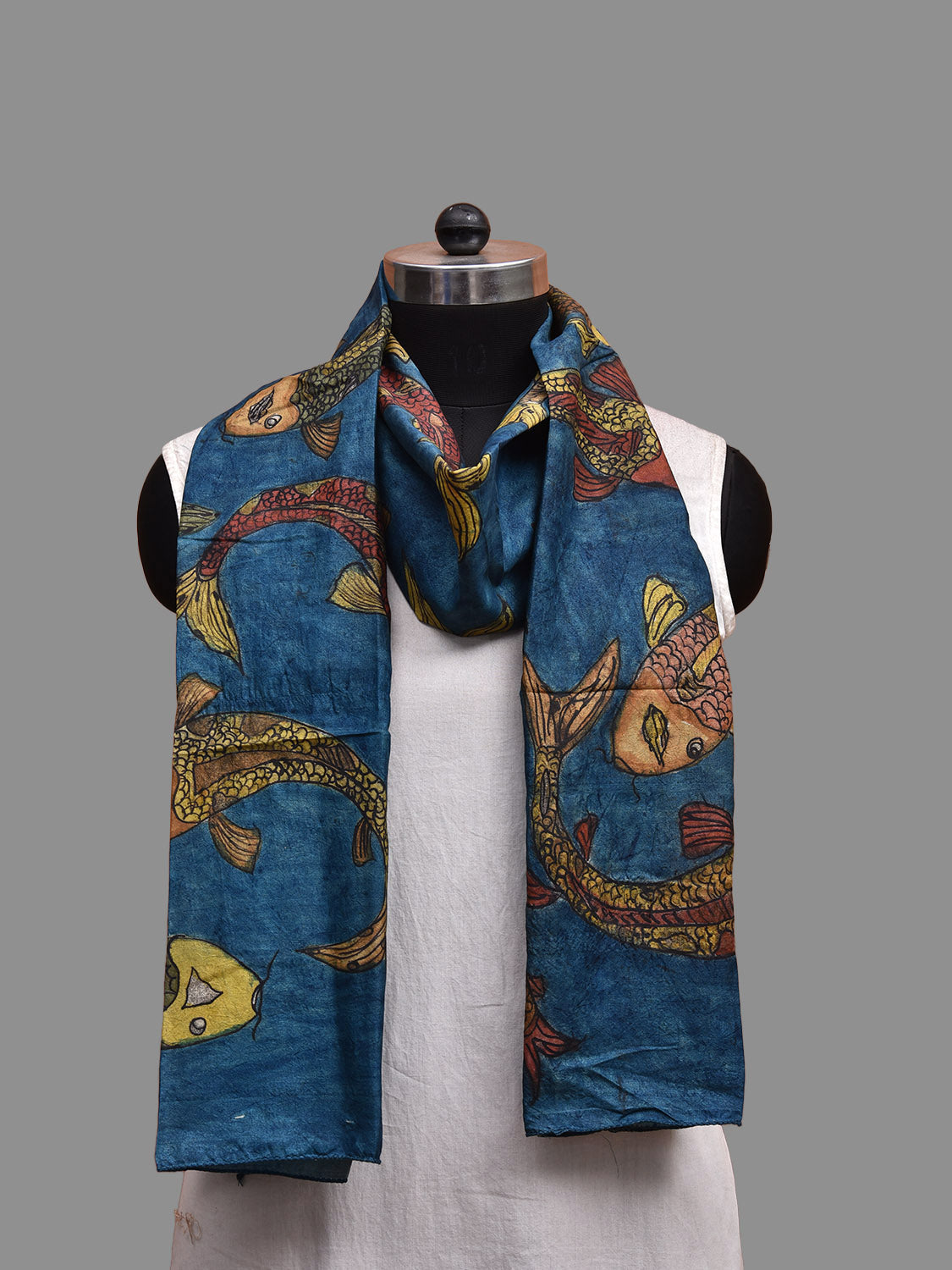 Blue Kalamkari Hand Painted Tussar Handloom Stole with Fishes Design ds3685