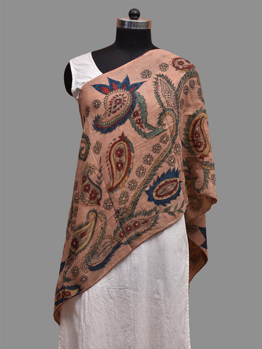 Light Peach Kalamkari Hand Painted Cotton Stole with Pasley Design ds3686