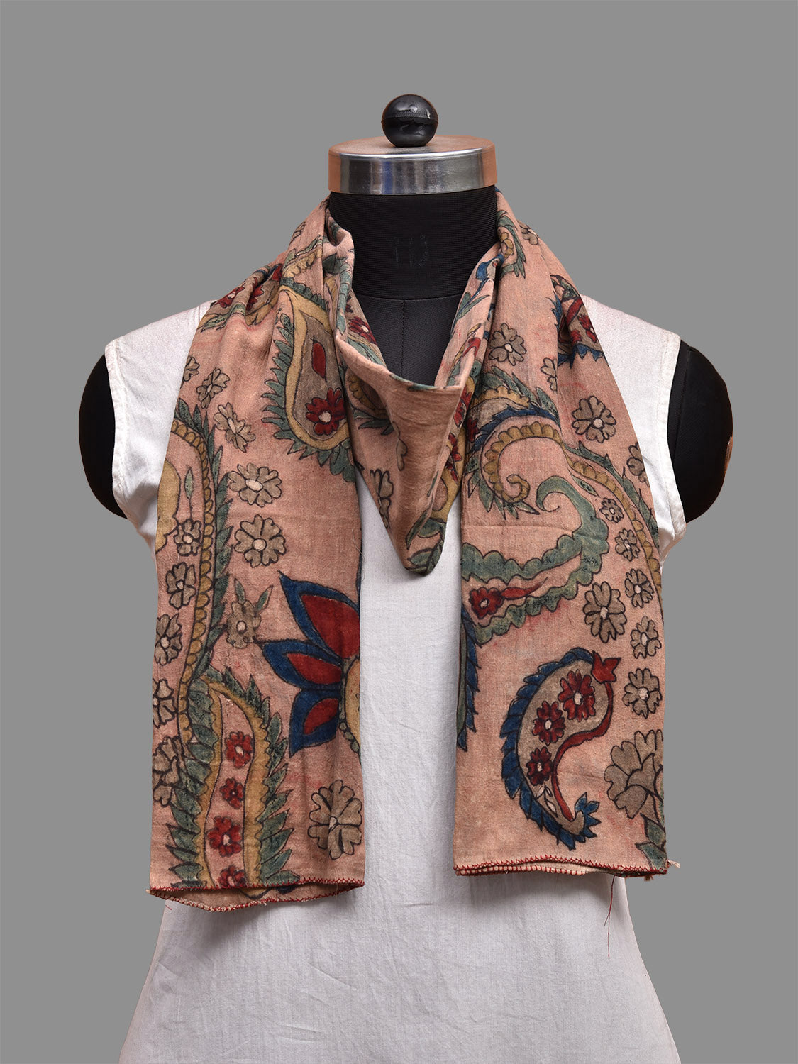 Light Peach Kalamkari Hand Painted Cotton Stole with Pasley Design ds3686