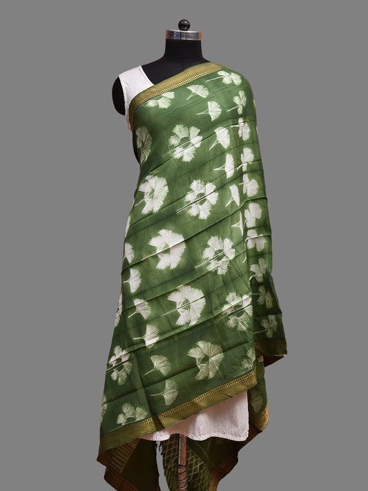 Green Shibori Mangalgiri Sico Dupatta with Leaves Design ds3688
