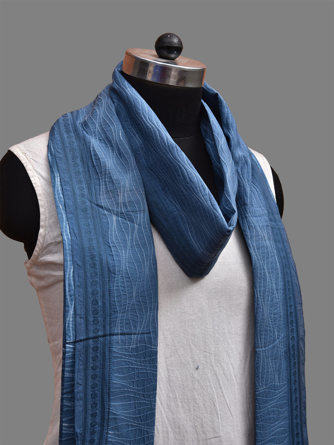 Blue Shibori Cotton Dupatta with Waves and Floral Design ds3689