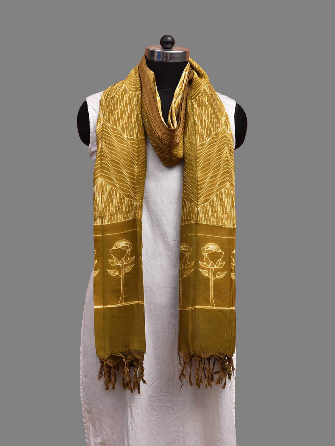 Olive Shibori Mangalgiri Sico Dupatta with Zig-Zag and Floral Design ds3693