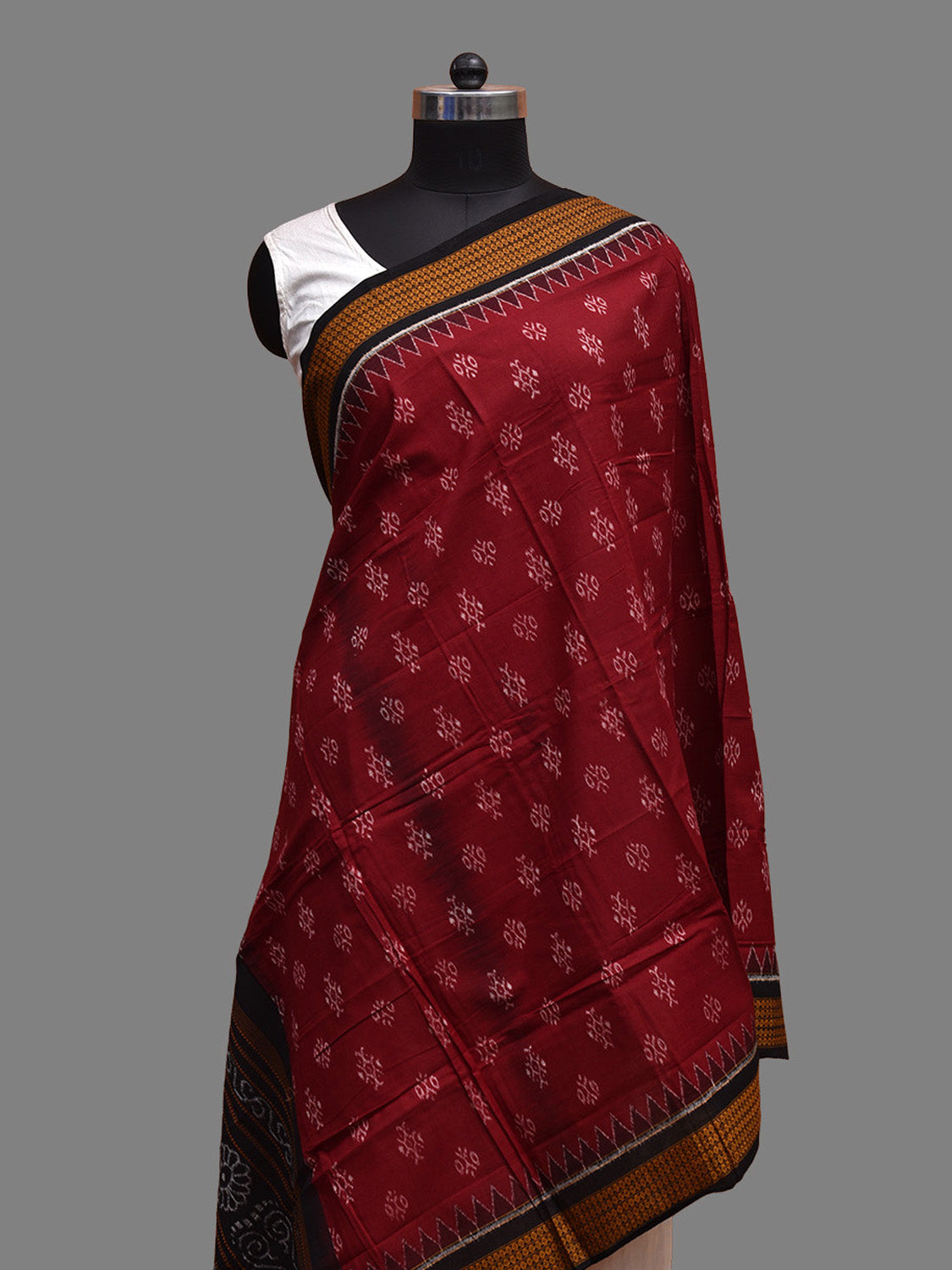 Dark Red and Black Orissa Double Ikat Cotton Handloom Dupatta with Body Buta Design ds3700