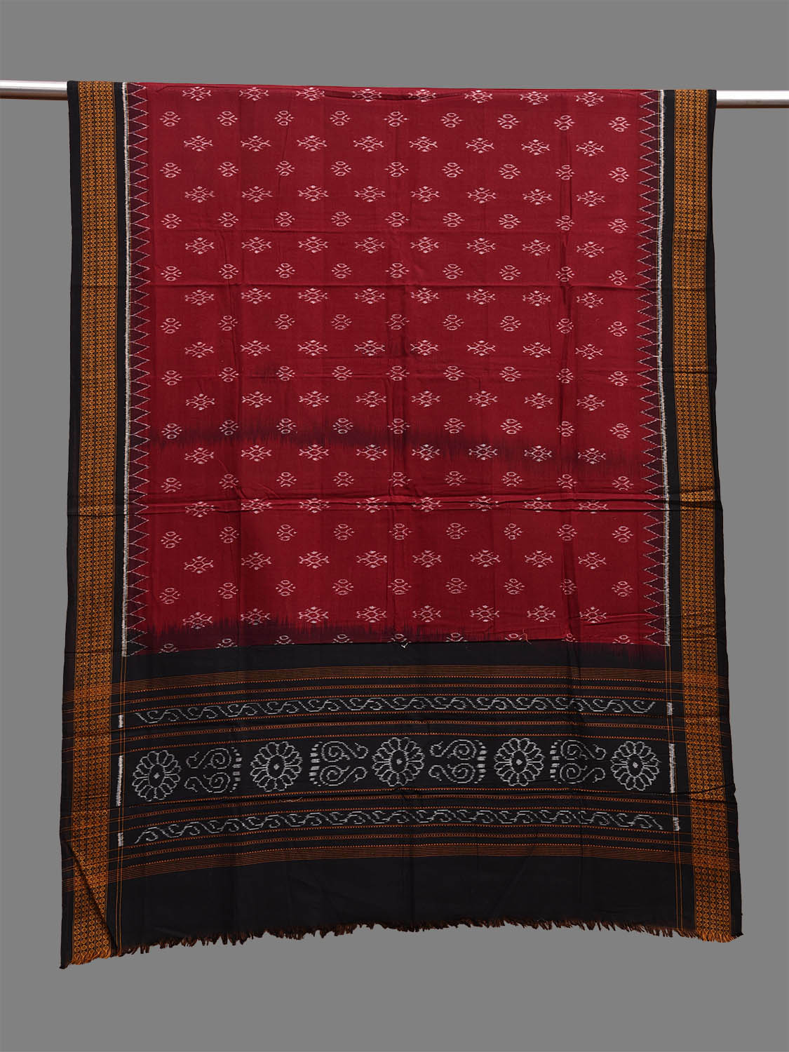 Dark Red and Black Orissa Double Ikat Cotton Handloom Dupatta with Body Buta Design ds3700