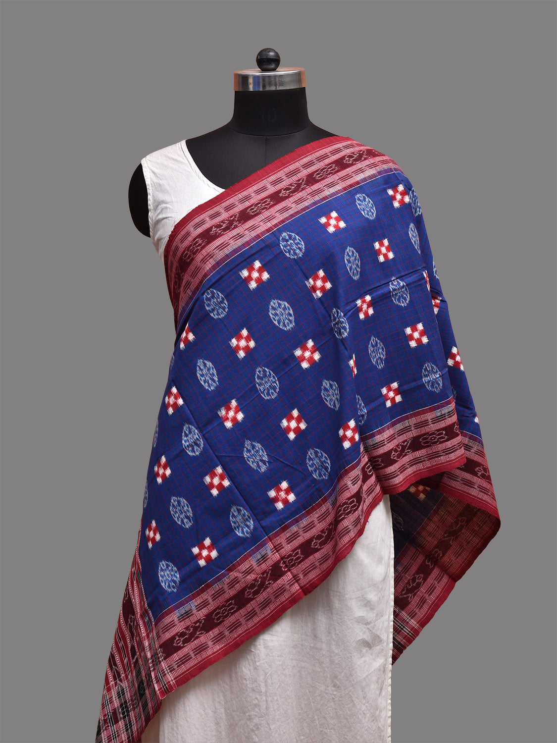 Blue and Red Orissa Double Ikat Cotton Handloom Stole with Checks and Border Design ds3701