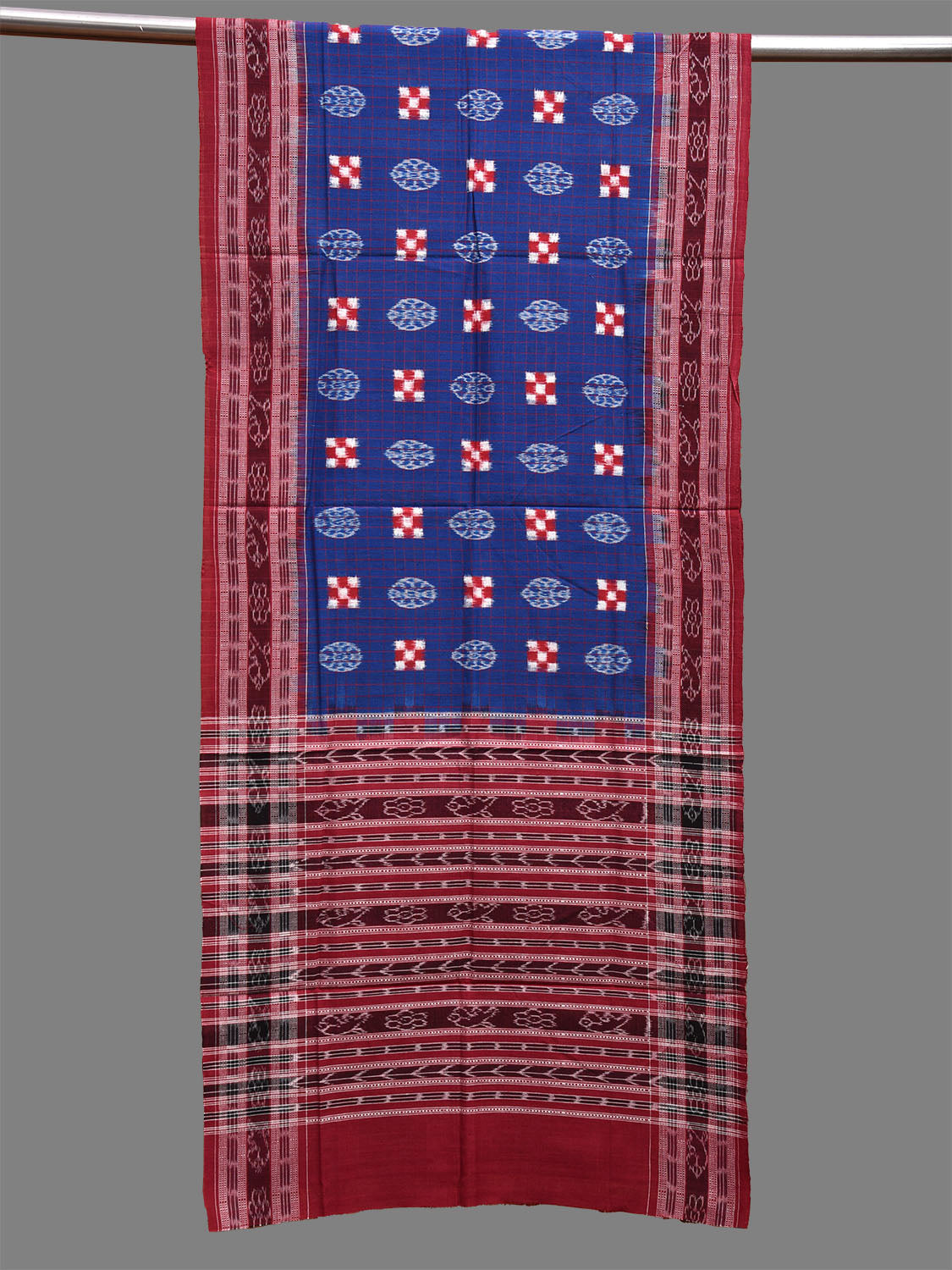 Blue and Red Orissa Double Ikat Cotton Handloom Stole with Checks and Border Design ds3701