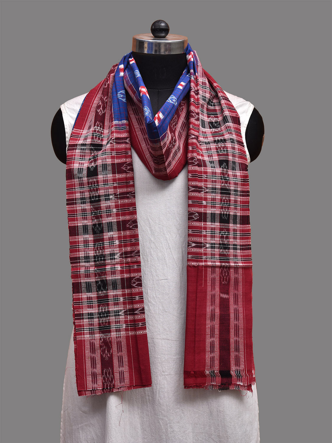 Blue and Red Orissa Double Ikat Cotton Handloom Stole with Checks and Border Design ds3701