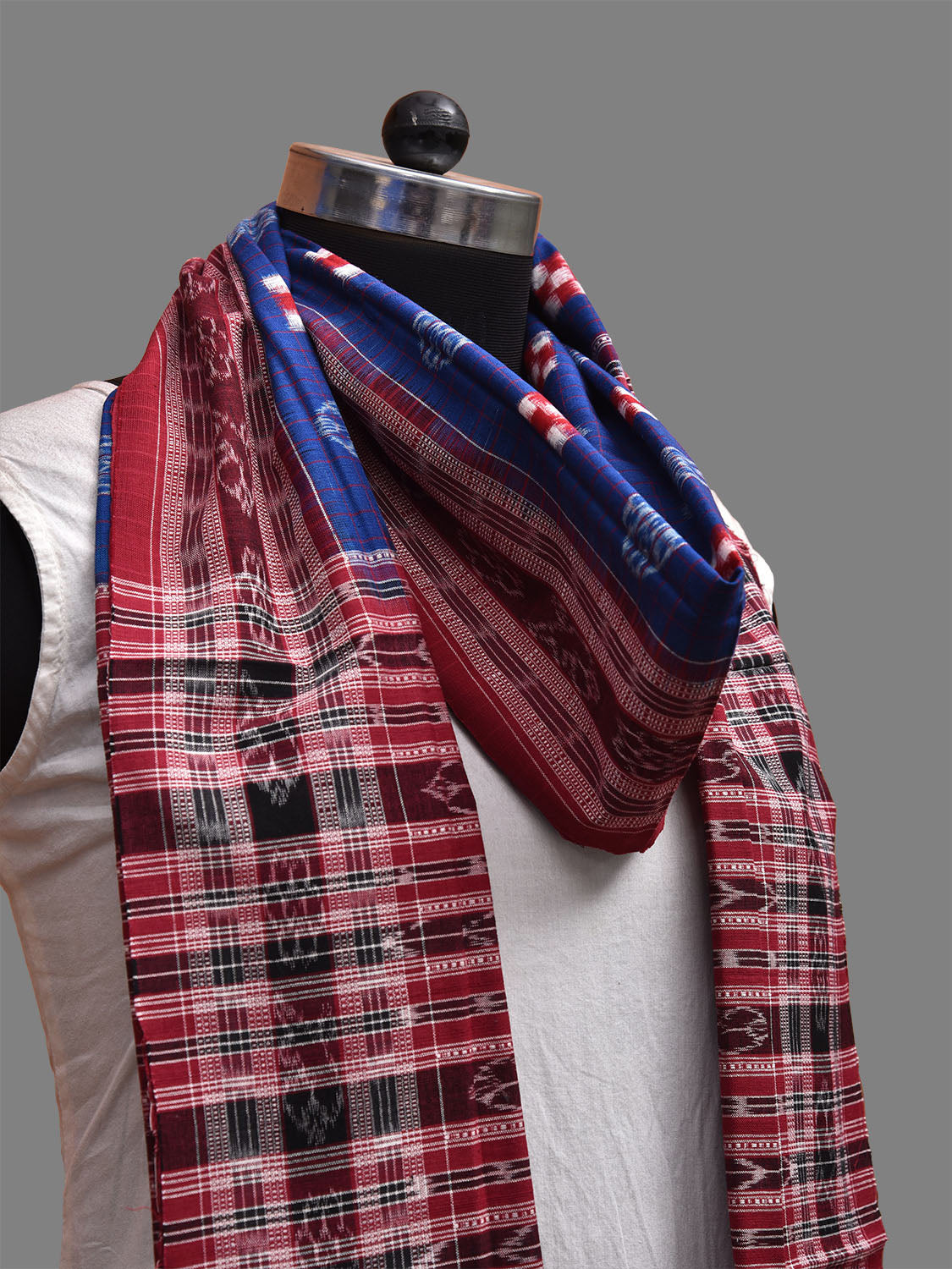 Blue and Red Orissa Double Ikat Cotton Handloom Stole with Checks and Border Design ds3701