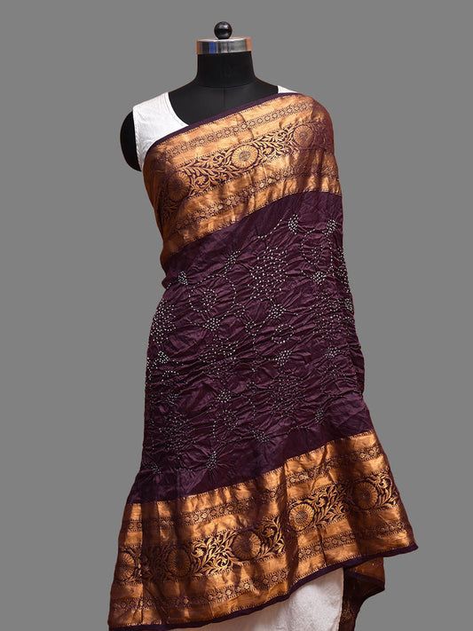Wine Bandhani Kanchipuram Silk Handloom Dupatta with Floral and Border Design ds3707