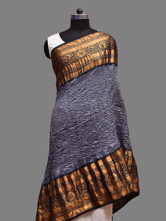 Grey and Black Bandhani Kanchipuram Silk Handloom Dupatta with Zig-Zag Design ds3708