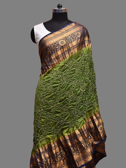 Green and Blue Bandhani Kanchipuram Silk Handloom Dupatta with Grill Design ds3709