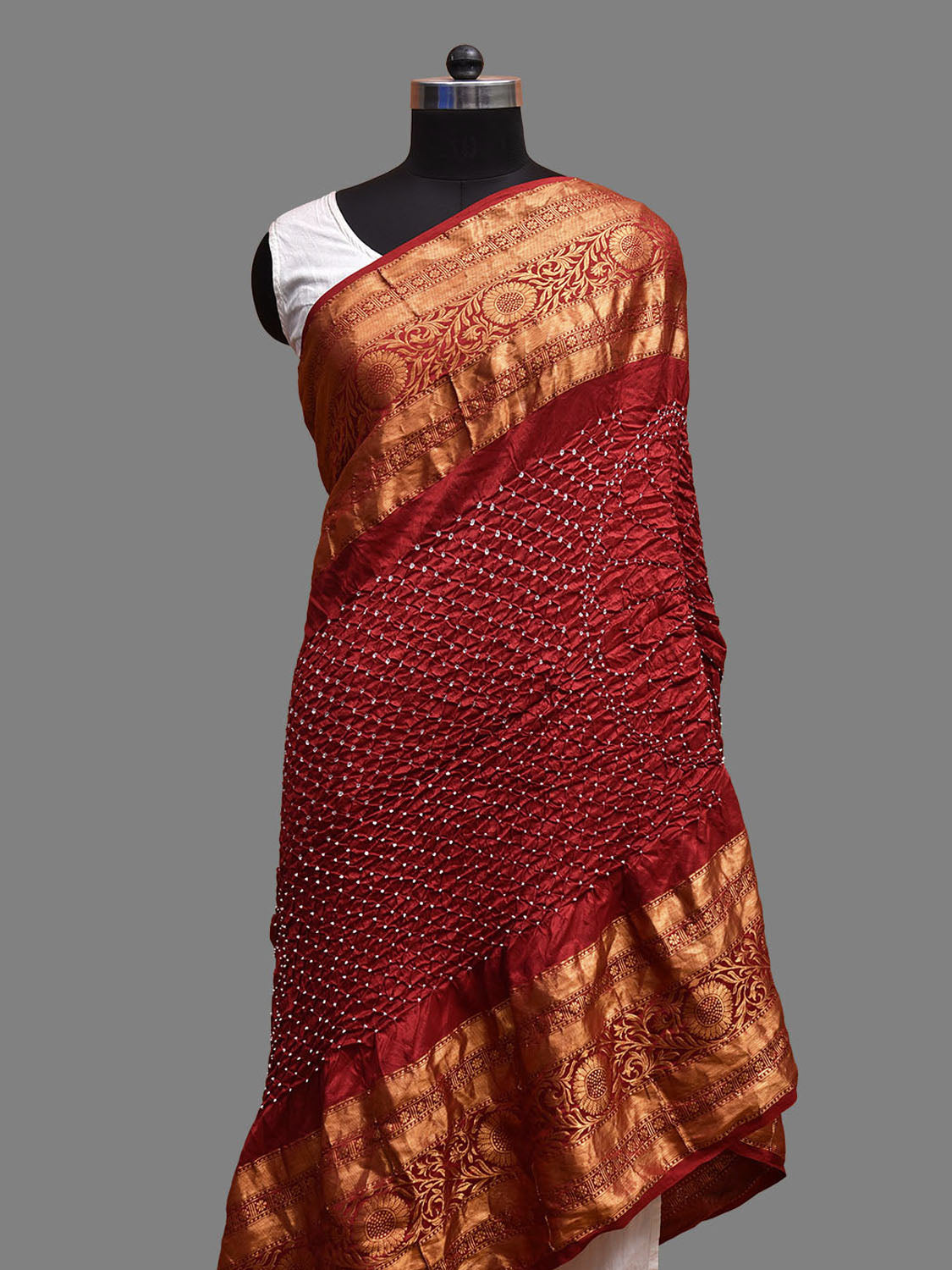 Dark Red Bandhani Kanchipuram Silk Handloom Dupatta with Circle Design ds3710