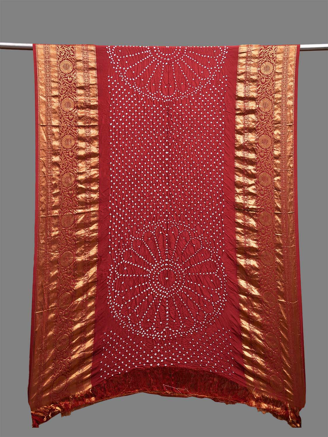 Dark Red Bandhani Kanchipuram Silk Handloom Dupatta with Circle Design ds3710