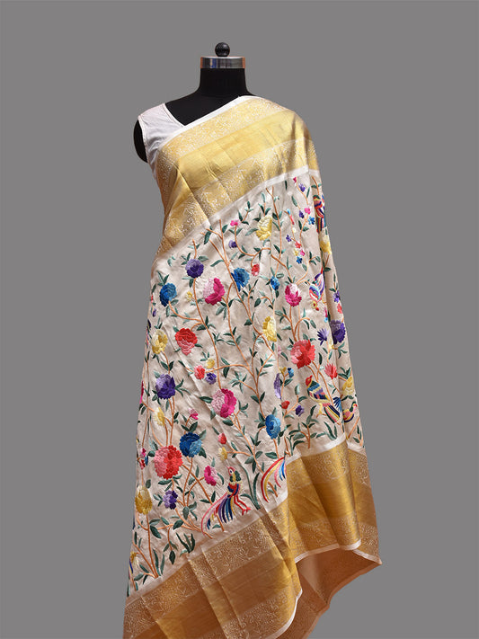 White Parsigara Hand Work Kanchipuram Silk Handloom Dupatta with Floral and Burds Design ds3711