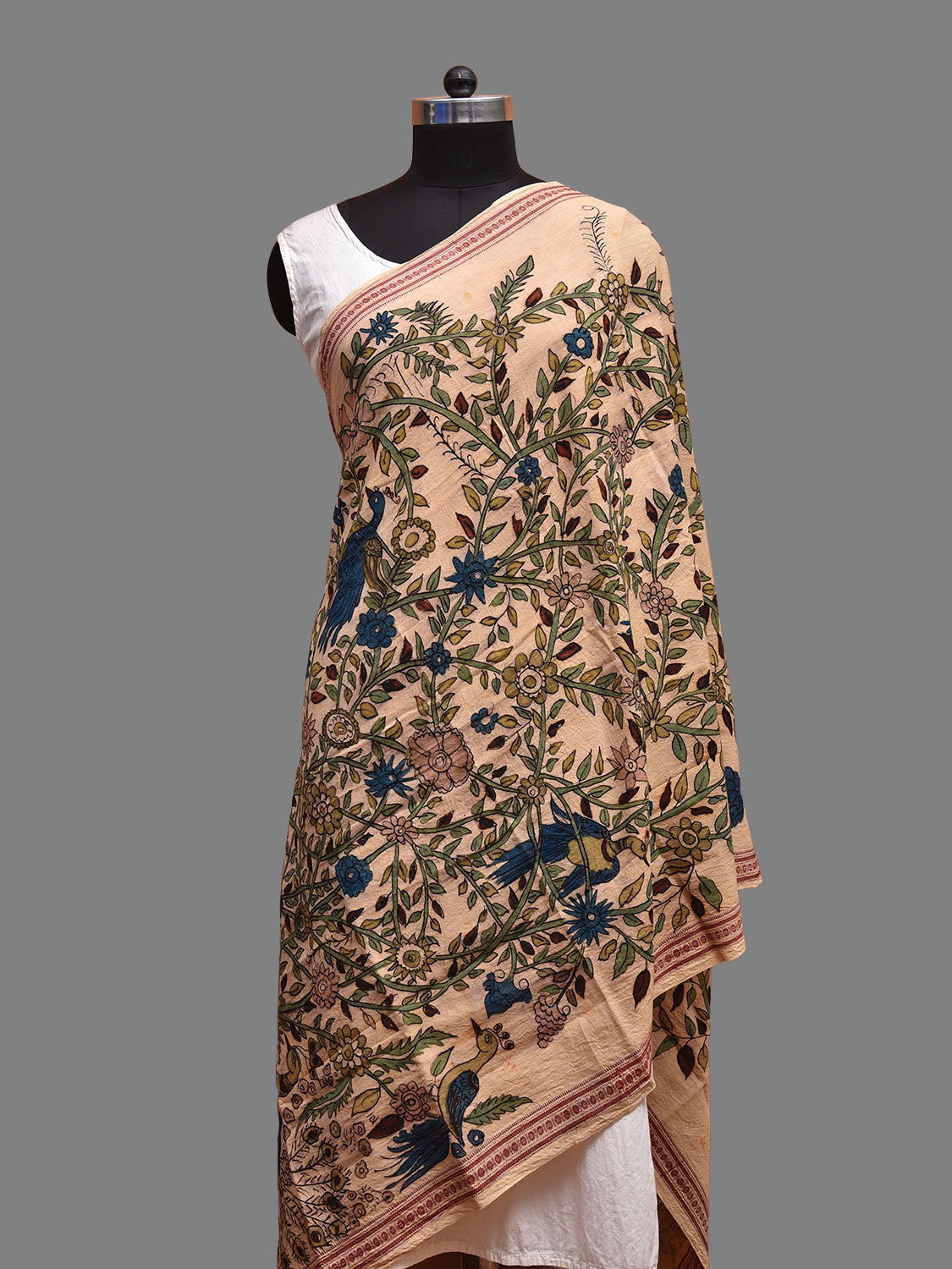 Cream Kalamkari Hand Painted Cotton Handloom Dupatta with Tree of Life Design ds3712