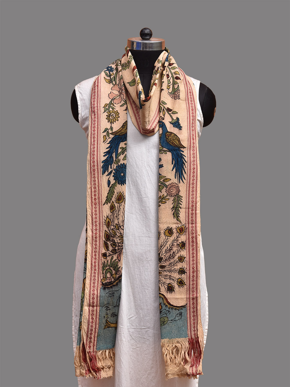 Cream Kalamkari Hand Painted Cotton Handloom Dupatta with Tree of Life Design ds3712
